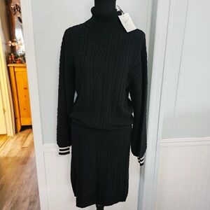 Black Cable Knit Turtleneck Dress